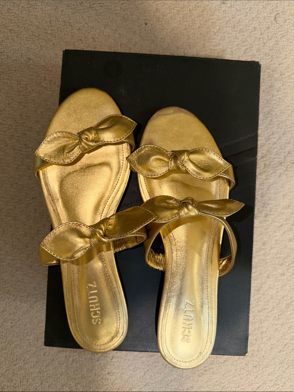 SCHUTZ Metallic Gold Bow Slide Mules